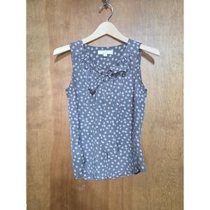 Ann Taylor LOFT Women XS Gray Polka Dot Tie Neck Ruffle Sleeveless Blouse Top
